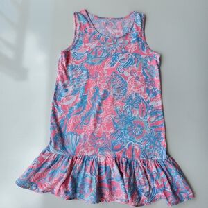 Lilly Pulitzer Girls Ruffle hem Dress Coral and Blue ocean print- Large